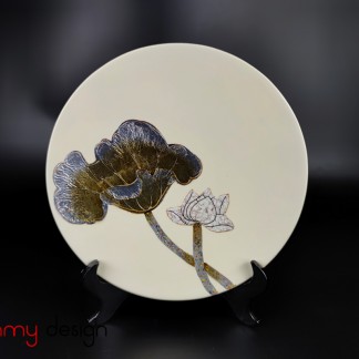 White round lacquer plate hand-painted with lotus( not included with stand) 25 cm